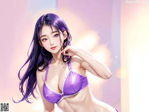 A woman in a purple bikini posing for a picture.